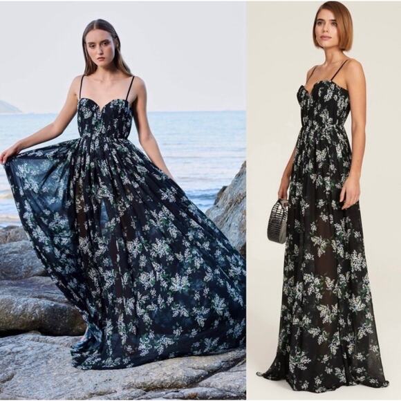 Sau Lee Georgina Black Floral Pleated Maxi Dress Women’s Size 8 Formal Gown - Picture 2 of 4